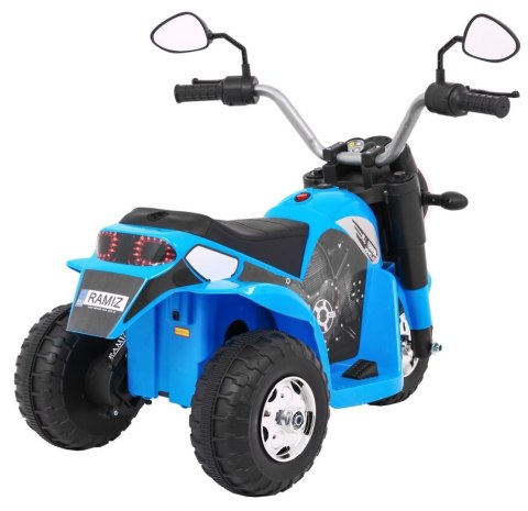 Motorek MiniBike na akumulator dla dzieci Niebieski + Dźwięki + Światła LED + Ekoskóra
