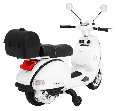 Skuter Vespa elektryczny dla dzieci Biały + Kółka pomocnicze + Audio + Ekoskóra + EVA + Wolny Start Skuter Vespa elektryczny dla dzieci Biały + Kółka pomocnicze + Audio + Ekoskóra + EVA + Wolny Start