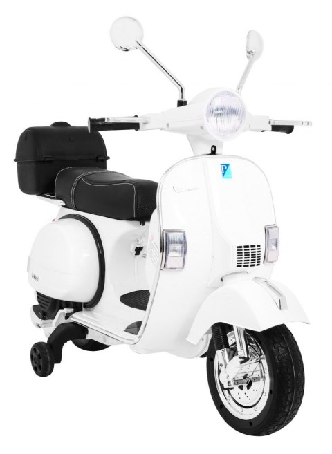 Skuter Vespa elektryczny dla dzieci Biały + Kółka pomocnicze + Audio + Ekoskóra + EVA + Wolny Start Skuter Vespa elektryczny dla dzieci Biały + Kółka pomocnicze + Audio + Ekoskóra + EVA + Wolny Start