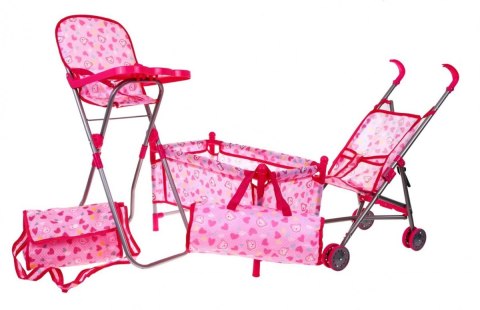 Zestaw akcesoriów do lalek dla dzieci 3+ Opieka nad niemowlakami + Wózek + Krzesełko do karmienia + Łóżeczko + 2 torby Zestaw akcesoriów do lalek dla dzieci 3+ Opieka nad niemowlakami + Wózek + Krzesełko do karmienia + Łóżeczko + 2 torby